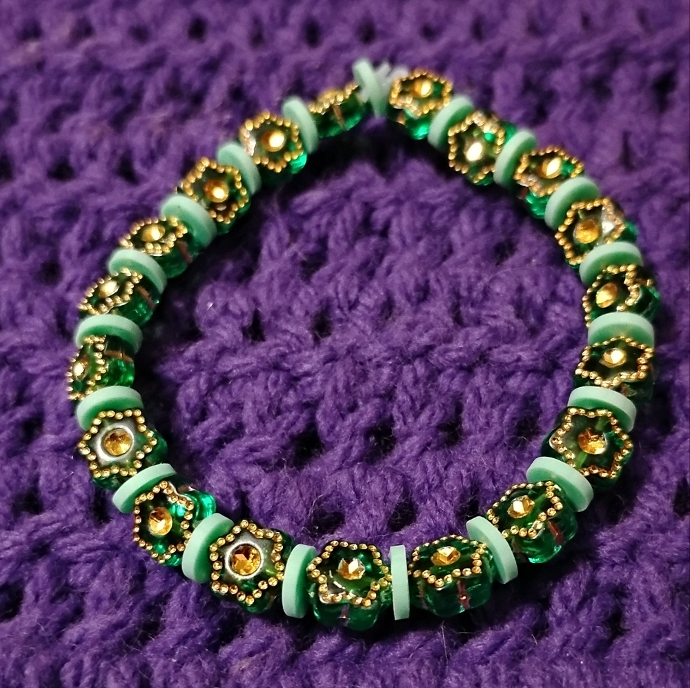 Handmade Dark Romance Elegant Green and Gold Beaded Bracelet